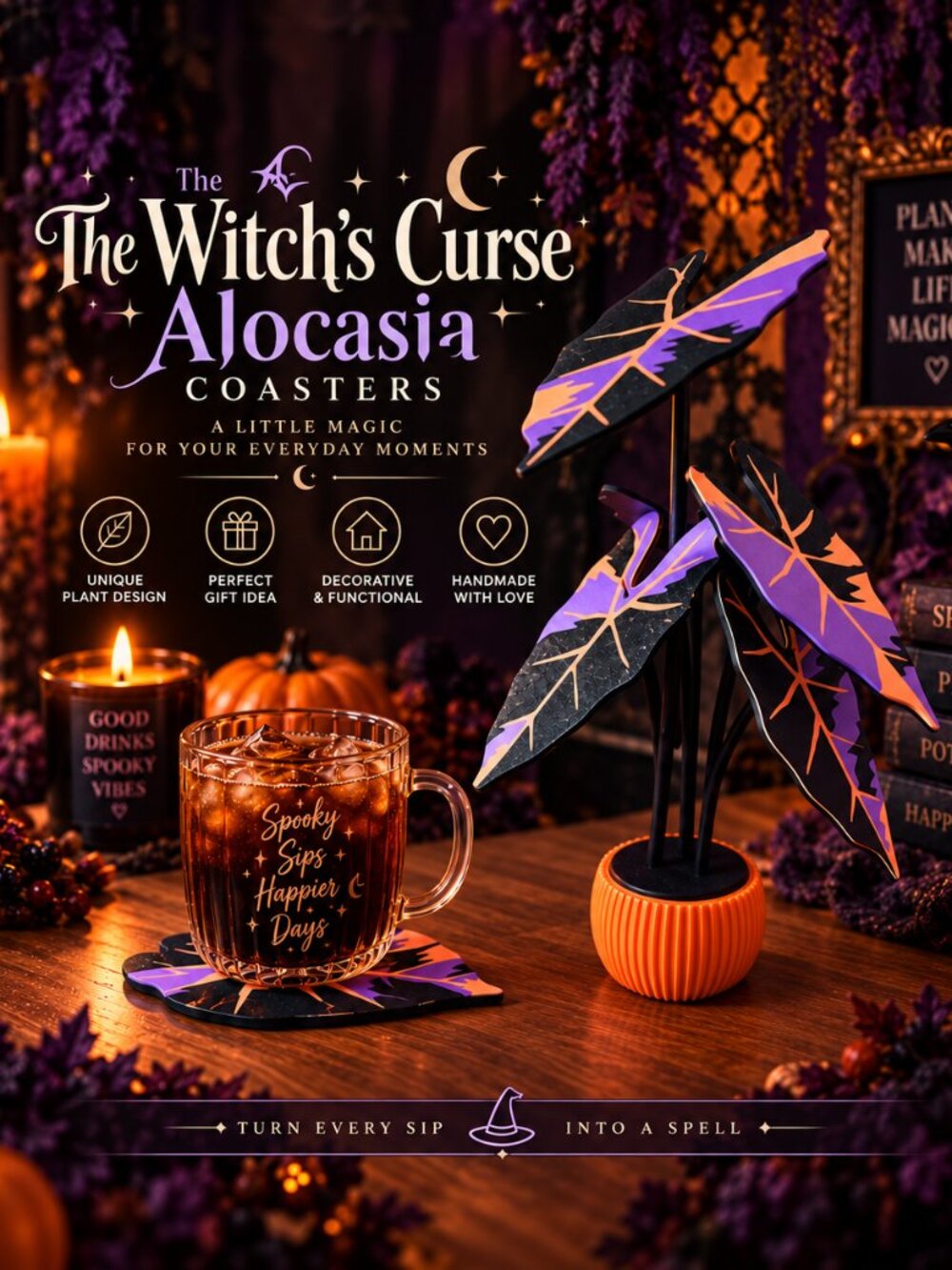 Halloween Alocasia Coaster Set with Planter